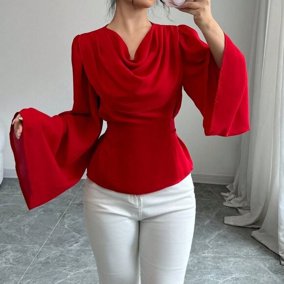 Red Elegant Women's Draped Neck Flared Sleeves Bow Tie Cuffs Blouse - Picture 5 of 6